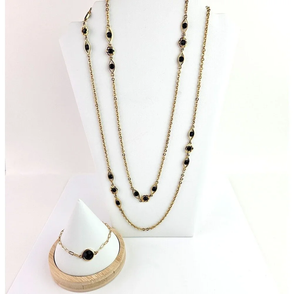 Vintage Long Gold Tone Necklace Black Faceted 52 inch and Bracelet Bezel Setting